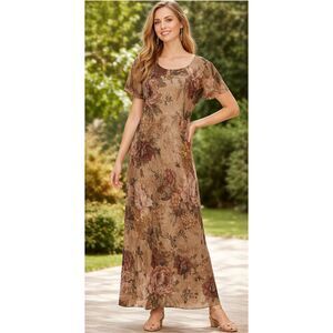 VTG 80’s Jessica Howard Women Floral Maxi Dress Size 12 Brown Short Sleeve Lined